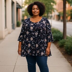 Dr2 1X Peasant Top Black Multicolored Florals Chic CottageCore Bell Sleeves